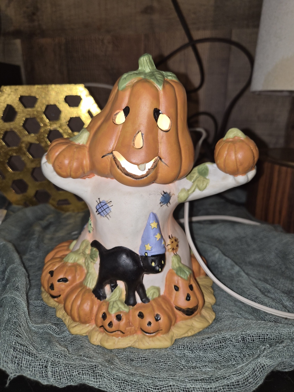Vintage Lighted Ceramic Ghost with Pumpkin Head and Black Cat